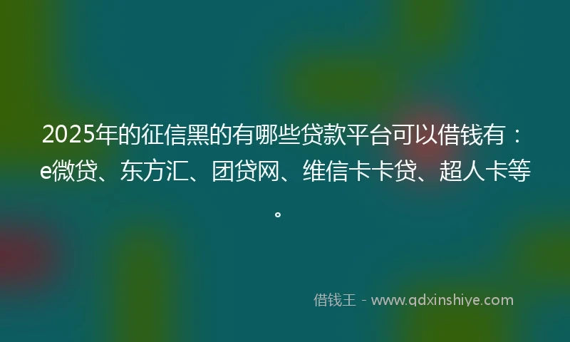 2025年的征信黑的有哪些贷款平台可以借钱有：e微贷、东方汇、团贷网、维信卡卡贷、超人卡等。
