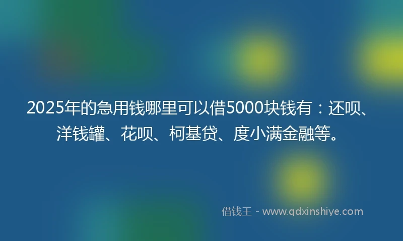 2025年的急用钱哪里可以借5000块钱有：还呗、洋钱罐、花呗、柯基贷、度小满金融等。