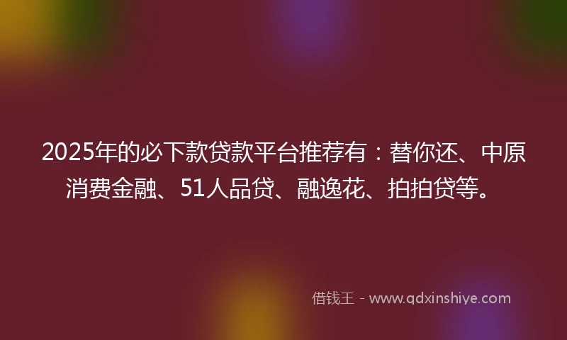 2025年的必下款贷款平台推荐有：替你还、中原消费金融、51人品贷、融逸花、拍拍贷等。