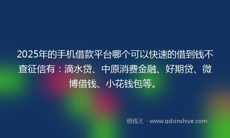 2025年的手机借款平台哪个可以快速的借到钱不查征信有：滴水贷、中原消费金融、好期贷、微博借钱、小花钱包等。