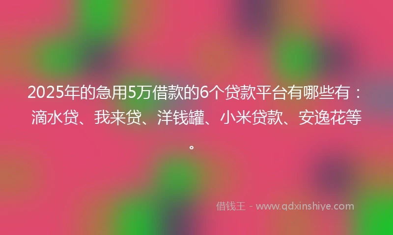 2025年的急用5万借款的6个贷款平台有哪些有：滴水贷、我来贷、洋钱罐、小米贷款、安逸花等。