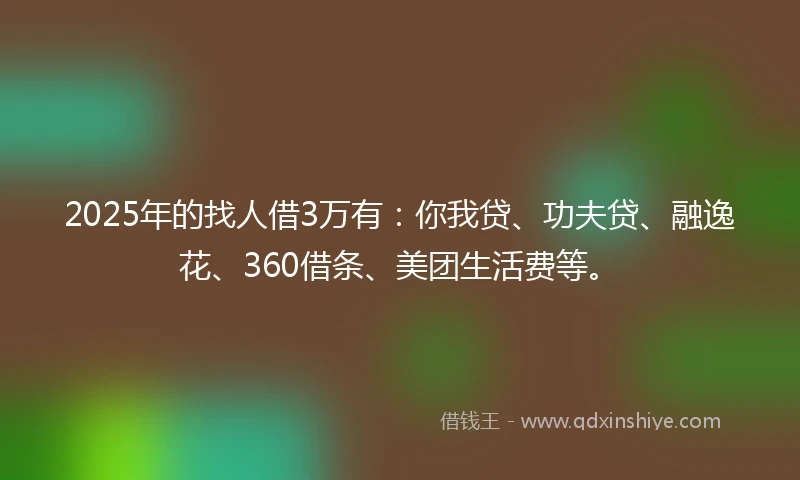 2025年的找人借3万有：你我贷、功夫贷、融逸花、360借条、美团生活费等。