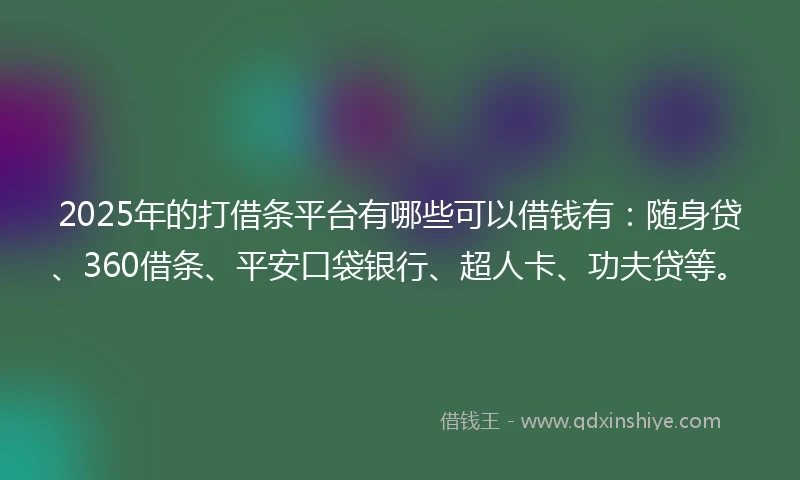 2025年的打借条平台有哪些可以借钱有:随身贷、360借条、平安口袋银行、超人卡、功夫贷等。