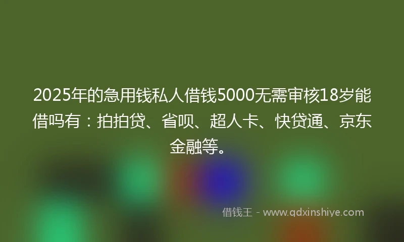 2025年的急用钱私人借钱5000无需审核18岁能借吗有：拍拍贷、省呗、超人卡、快贷通、京东金融等。