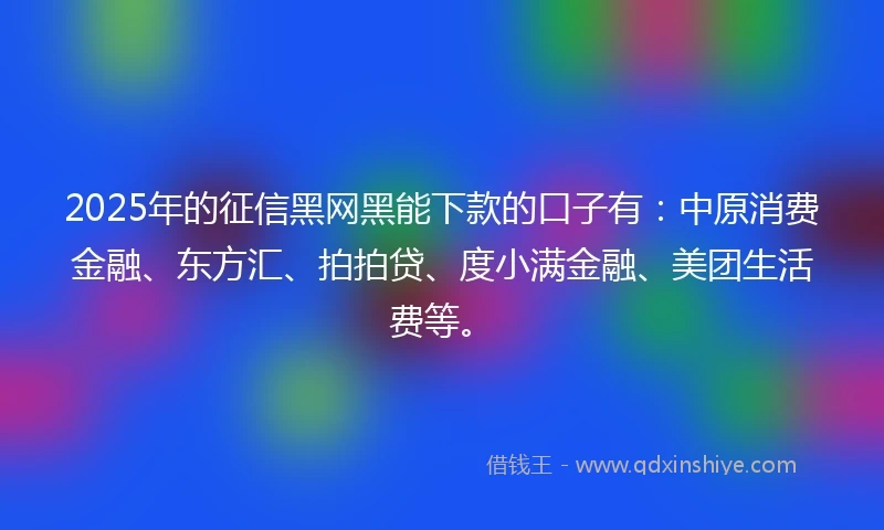 2025年的征信黑网黑能下款的口子有：中原消费金融、东方汇、拍拍贷、度小满金融、美团生活费等。