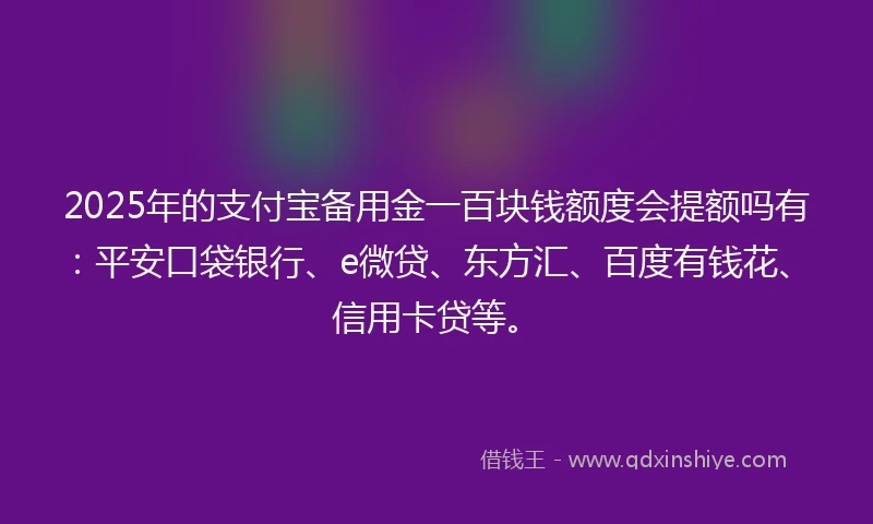 2025年的支付宝备用金一百块钱额度会提额吗有：平安口袋银行、e微贷、东方汇、百度有钱花、信用卡贷等。