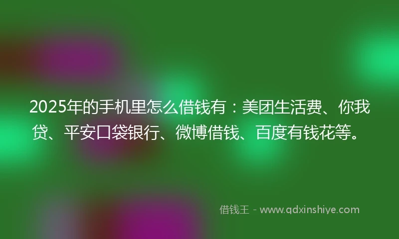 2025年的手机里怎么借钱有：美团生活费、你我贷、平安口袋银行、微博借钱、百度有钱花等。