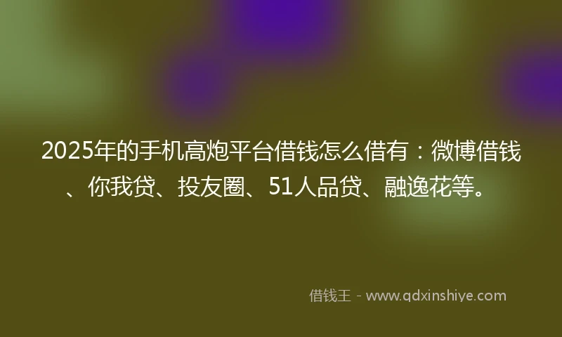 2025年的手机高炮平台借钱怎么借有：微博借钱、你我贷、投友圈、51人品贷、融逸花等。
