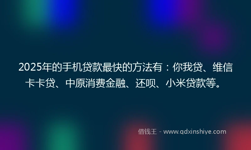 2025年的手机贷款最快的方法有：你我贷、维信卡卡贷、中原消费金融、还呗、小米贷款等。