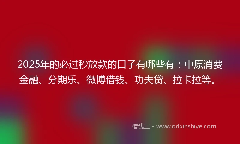 2025年的必过秒放款的口子有哪些有：中原消费金融、分期乐、微博借钱、功夫贷、拉卡拉等。