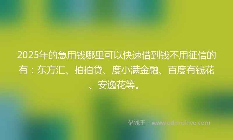 2025年的急用钱哪里可以快速借到钱不用征信的有：东方汇、拍拍贷、度小满金融、百度有钱花、安逸花等。