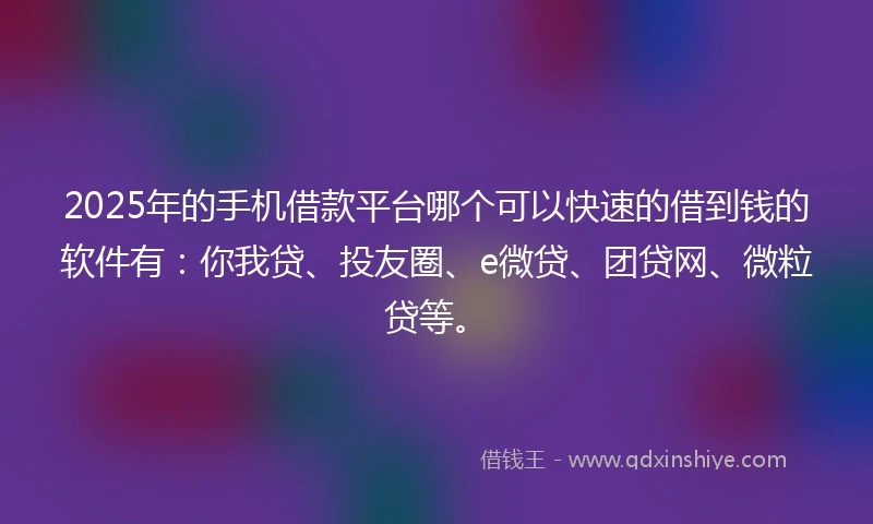 2025年的手机借款平台哪个可以快速的借到钱的软件有：你我贷、投友圈、e微贷、团贷网、微粒贷等。