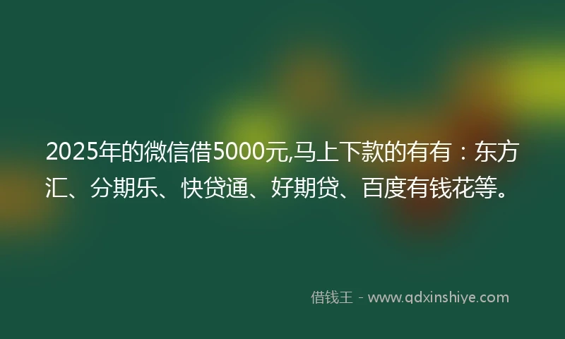 2025年的微信借5000元,马上下款的有有：东方汇、分期乐、快贷通、好期贷、百度有钱花等。