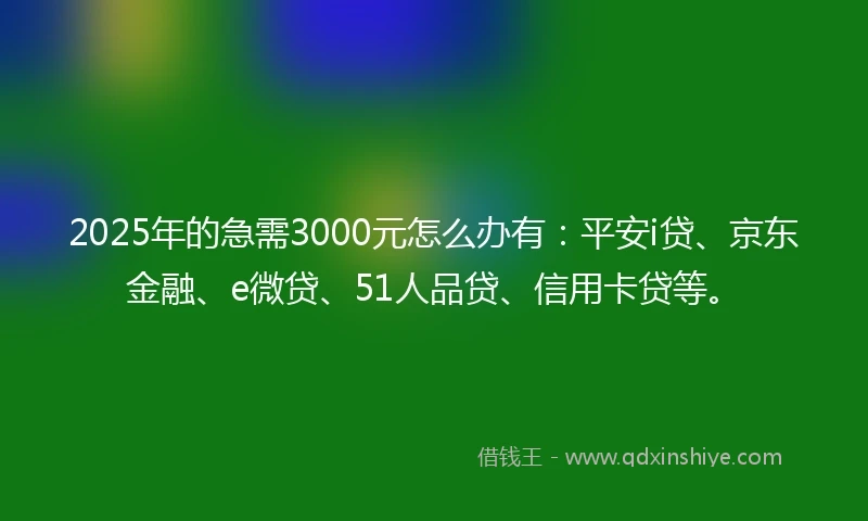 2025年的急需3000元怎么办有：平安i贷、京东金融、e微贷、51人品贷、信用卡贷等。