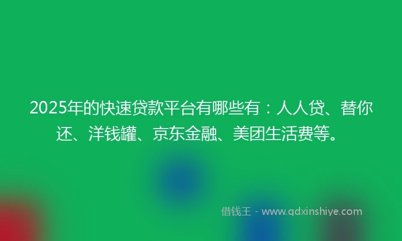 2025年的快速贷款平台有哪些有：人人贷、替你还、洋钱罐、京东金融、美团生活费等。