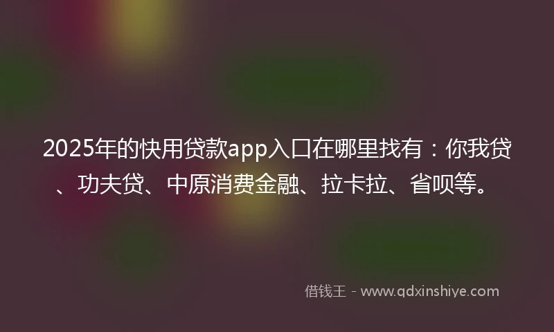 2025年的快用贷款app入口在哪里找有：你我贷、功夫贷、中原消费金融、拉卡拉、省呗等。