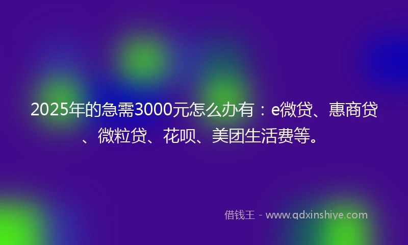 2025年的急需3000元怎么办有：e微贷、惠商贷、微粒贷、花呗、美团生活费等。