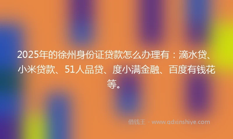2025年的徐州身份证贷款怎么办理有:滴水贷、小米贷款、51人品贷、度小满金融、百度有钱花等。