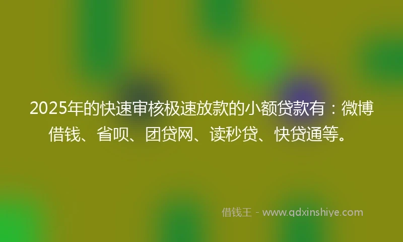 2025年的快速审核极速放款的小额贷款有：微博借钱、省呗、团贷网、读秒贷、快贷通等。