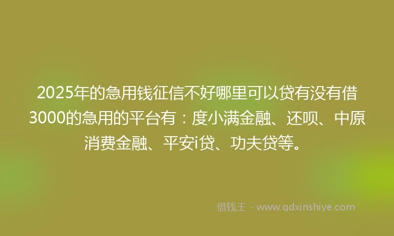 2025年的急用钱征信不好哪里可以贷有没有借3000的急用的平台有：度小满金融、还呗、中原消费金融、平安i贷、功夫贷等。