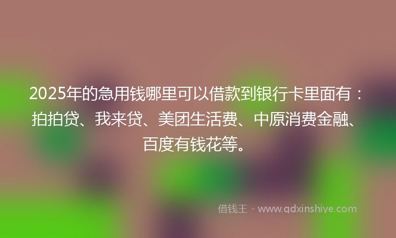 2025年的急用钱哪里可以借款到银行卡里面有：拍拍贷、我来贷、美团生活费、中原消费金融、百度有钱花等。
