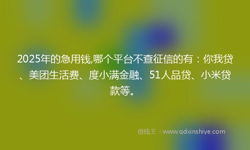 2025年的急用钱,哪个平台不查征信的有：你我贷、美团生活费、度小满金融、51人品贷、小米贷款等。
