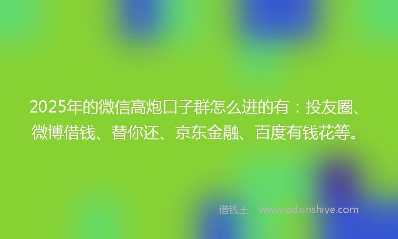 2025年的微信高炮口子群怎么进的有：投友圈、微博借钱、替你还、京东金融、百度有钱花等。