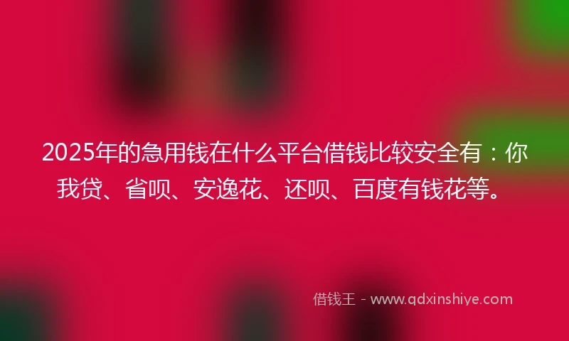 2025年的急用钱在什么平台借钱比较安全有：你我贷、省呗、安逸花、还呗、百度有钱花等。