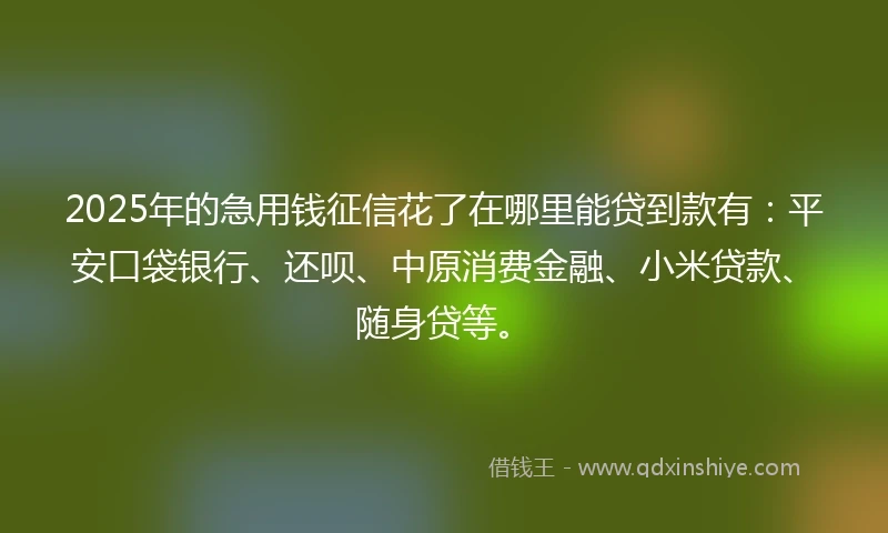 2025年的急用钱征信花了在哪里能贷到款有：平安口袋银行、还呗、中原消费金融、小米贷款、随身贷等。