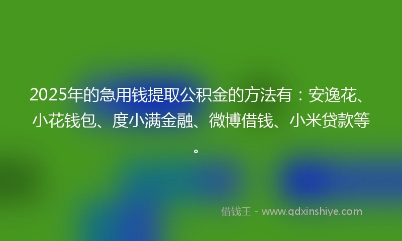 2025年的急用钱提取公积金的方法有：安逸花、小花钱包、度小满金融、微博借钱、小米贷款等。
