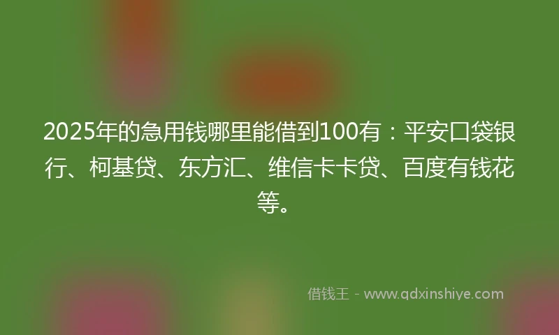 2025年的急用钱哪里能借到100有：平安口袋银行、柯基贷、东方汇、维信卡卡贷、百度有钱花等。