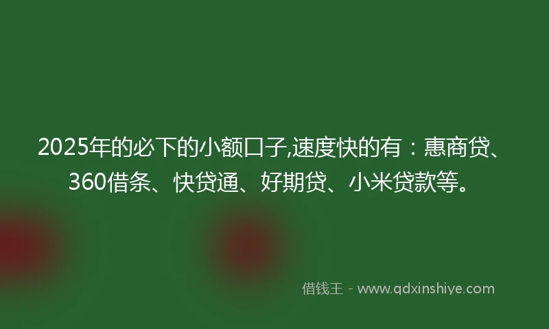 2025年的必下的小额口子,速度快的有：惠商贷、360借条、快贷通、好期贷、小米贷款等。