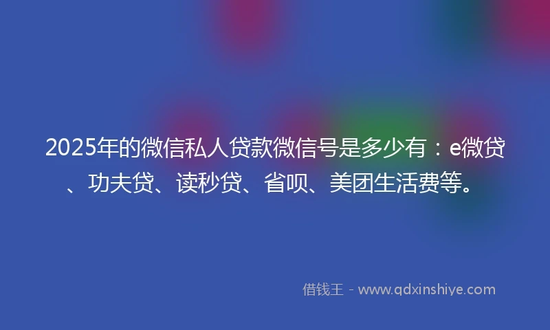 2025年的微信私人贷款微信号是多少有：e微贷、功夫贷、读秒贷、省呗、美团生活费等。