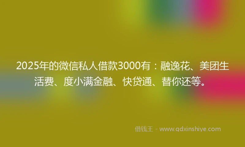 2025年的微信私人借款3000有：融逸花、美团生活费、度小满金融、快贷通、替你还等。