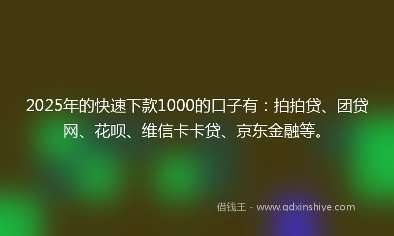 2025年的快速下款1000的口子有：拍拍贷、团贷网、花呗、维信卡卡贷、京东金融等。