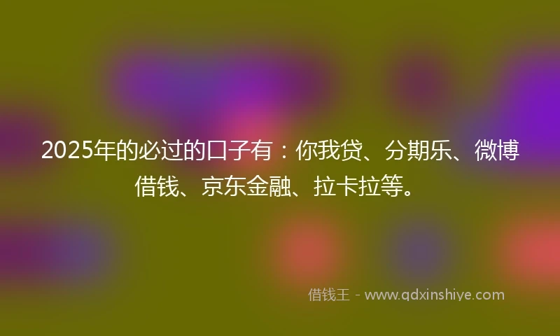 2025年的必过的口子有：你我贷、分期乐、微博借钱、京东金融、拉卡拉等。