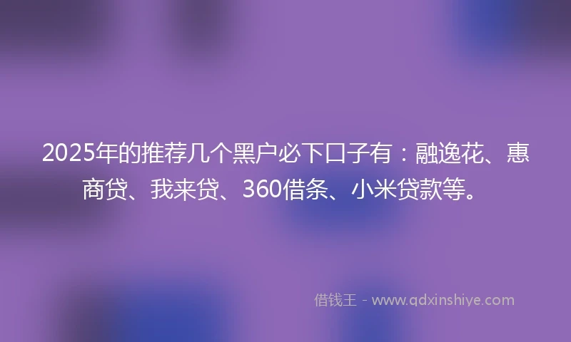 2025年的推荐几个黑户必下口子有：融逸花、惠商贷、我来贷、360借条、小米贷款等。