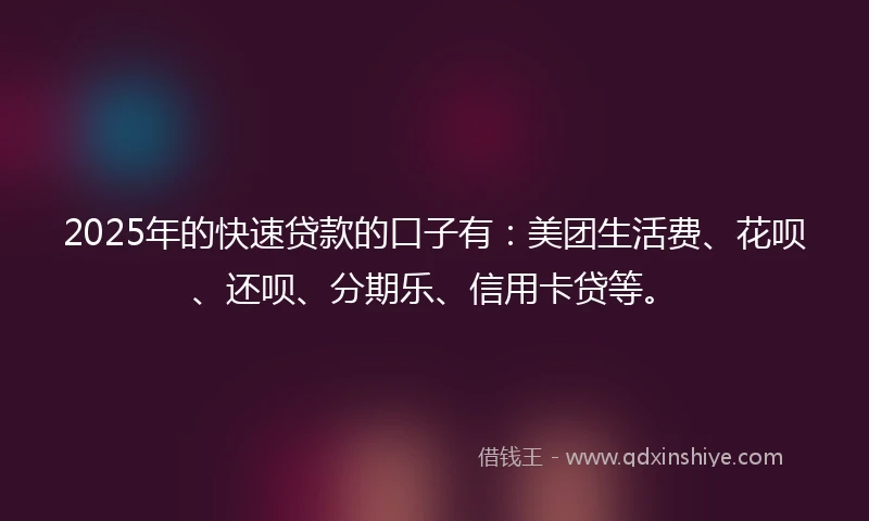 2025年的快速贷款的口子有：美团生活费、花呗、还呗、分期乐、信用卡贷等。