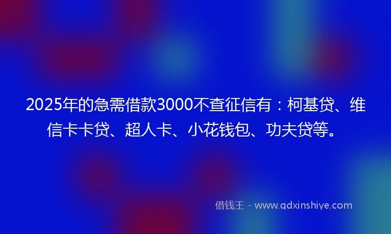 2025年的急需借款3000不查征信有：柯基贷、维信卡卡贷、超人卡、小花钱包、功夫贷等。