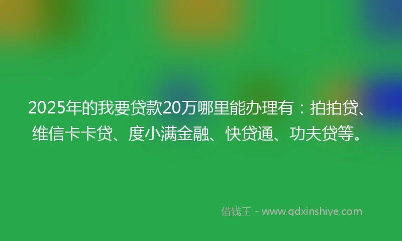 2025年的我要贷款20万哪里能办理有：拍拍贷、维信卡卡贷、度小满金融、快贷通、功夫贷等。