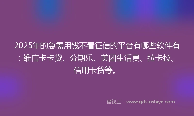 2025年的急需用钱不看征信的平台有哪些软件有：维信卡卡贷、分期乐、美团生活费、拉卡拉、信用卡贷等。