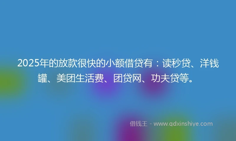 2025年的放款很快的小额借贷有：读秒贷、洋钱罐、美团生活费、团贷网、功夫贷等。