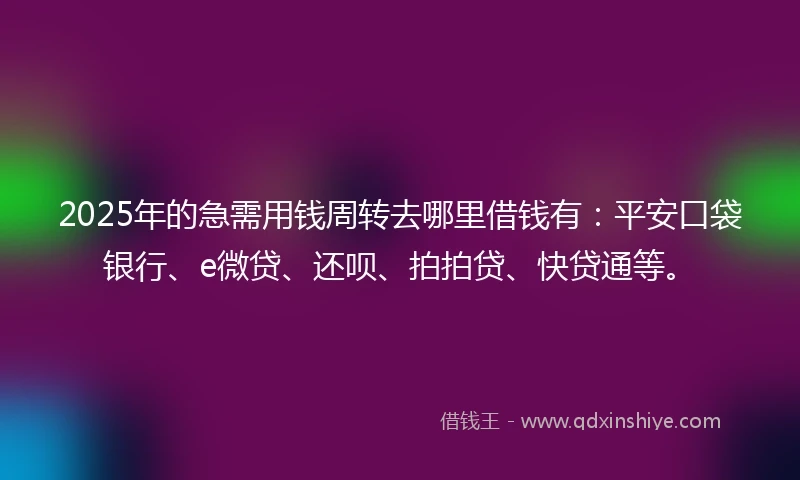 2025年的急需用钱周转去哪里借钱有：平安口袋银行、e微贷、还呗、拍拍贷、快贷通等。