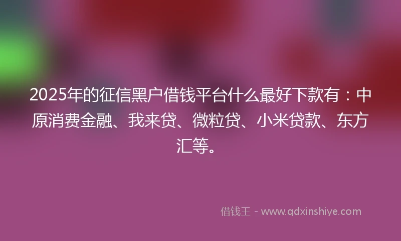 2025年的征信黑户借钱平台什么最好下款有：中原消费金融、我来贷、微粒贷、小米贷款、东方汇等。