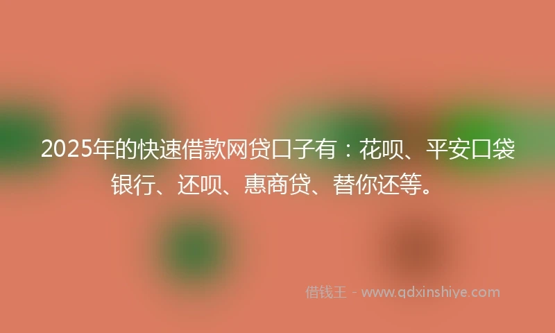 2025年的快速借款网贷口子有：花呗、平安口袋银行、还呗、惠商贷、替你还等。