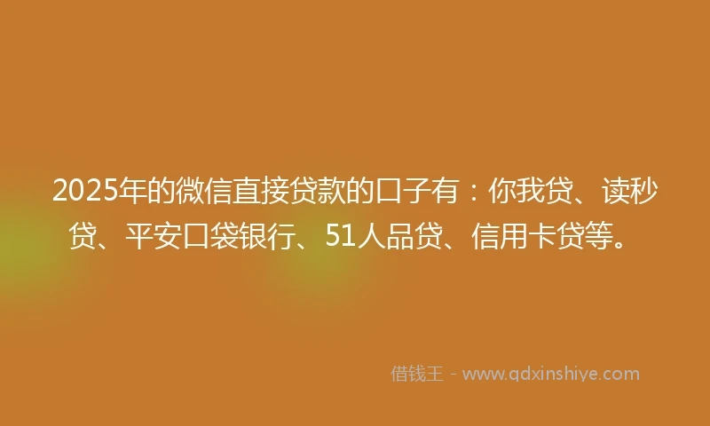 2025年的微信直接贷款的口子有：你我贷、读秒贷、平安口袋银行、51人品贷、信用卡贷等。