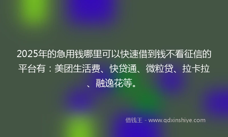 2025年的急用钱哪里可以快速借到钱不看征信的平台有：美团生活费、快贷通、微粒贷、拉卡拉、融逸花等。