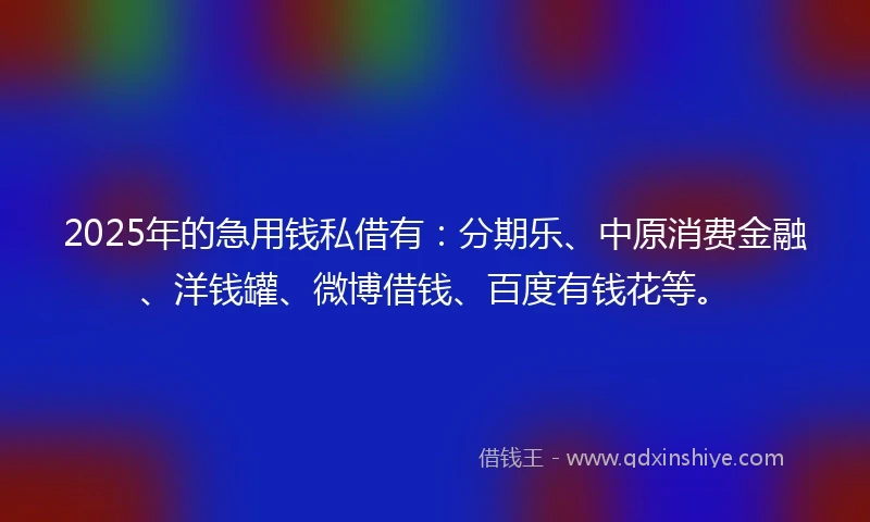 2025年的急用钱私借有:分期乐、中原消费金融、洋钱罐、微博借钱、百度有钱花等。