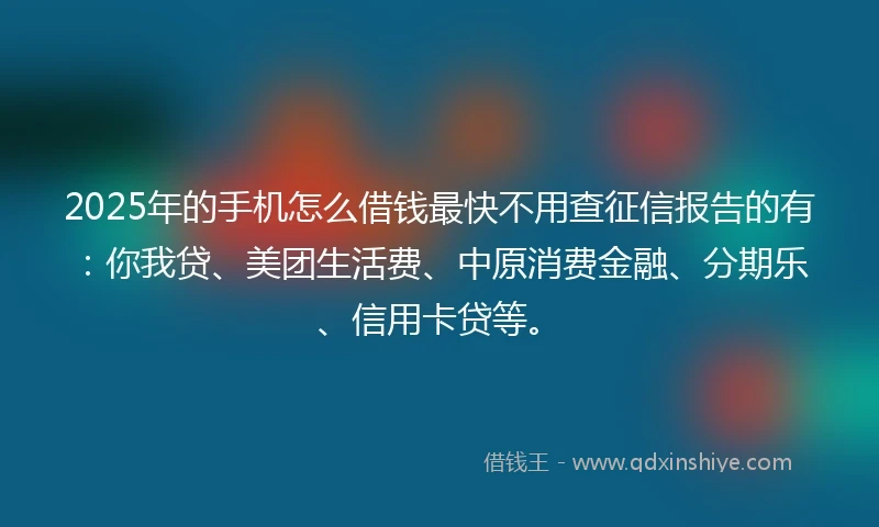 2025年的手机怎么借钱最快不用查征信报告的有：你我贷、美团生活费、中原消费金融、分期乐、信用卡贷等。