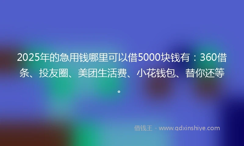 2025年的急用钱哪里可以借5000块钱有：360借条、投友圈、美团生活费、小花钱包、替你还等。